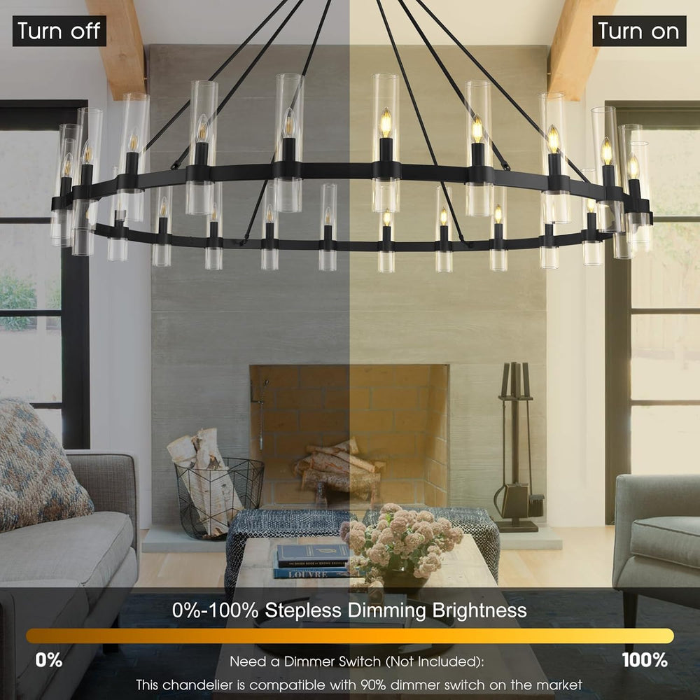 70" Black Wagon Wheel Chandelier, 24-Light Large Farmhouse Chandeliers f...