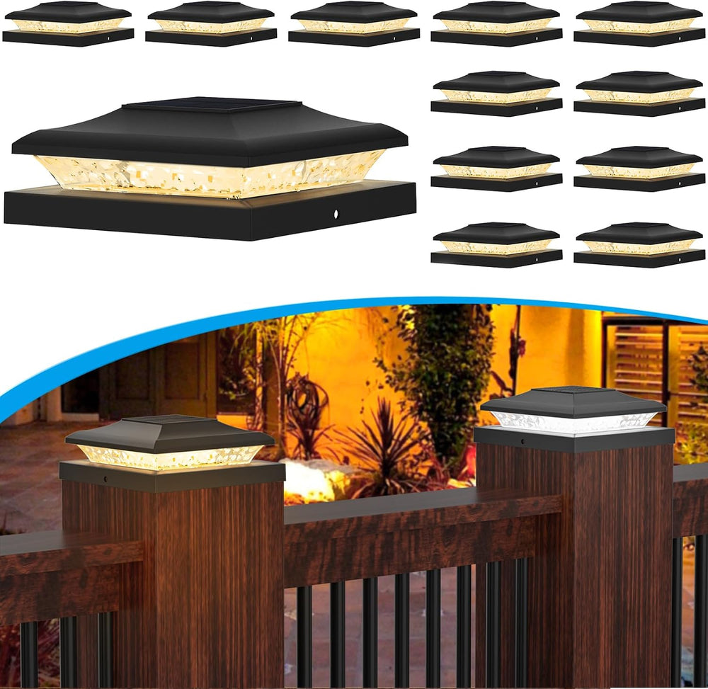 Black Solar Post Cap Lights, Fits 5x5 5.5x5.5 6x6 Posts, 12 Pack