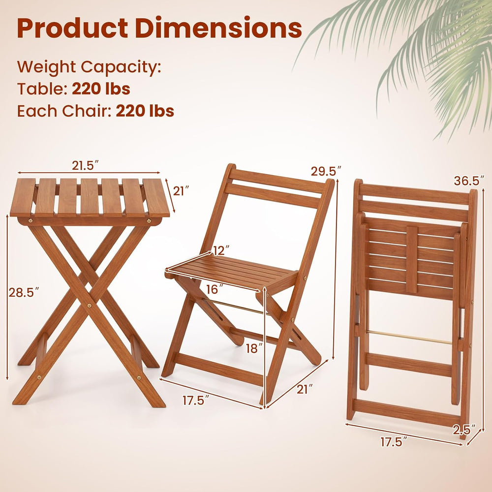 Tangkula 3 Pieces Solid Wood Patio Bistro Set with 2 Folding Chairs, Outdoor ...