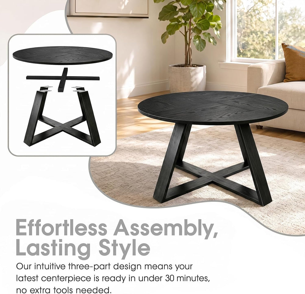 HAIOOU Round Coffee Table for Living Room with Open Storage Black Wooden
