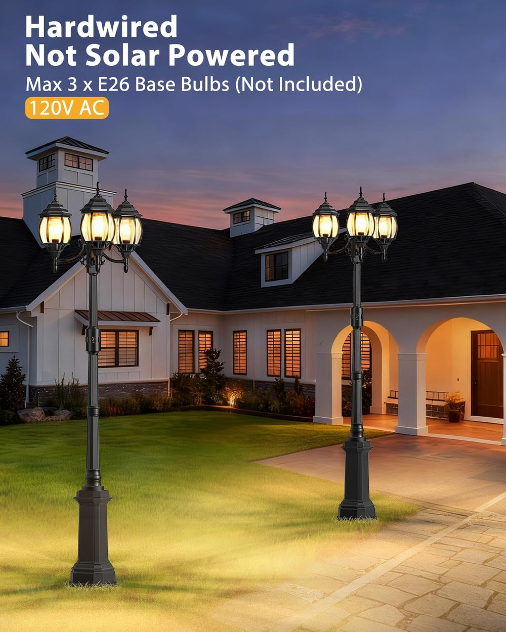 Redluck Motion Sensor Outdoor Post Lights, 3-Head Dusk to Dawn Lamp Post