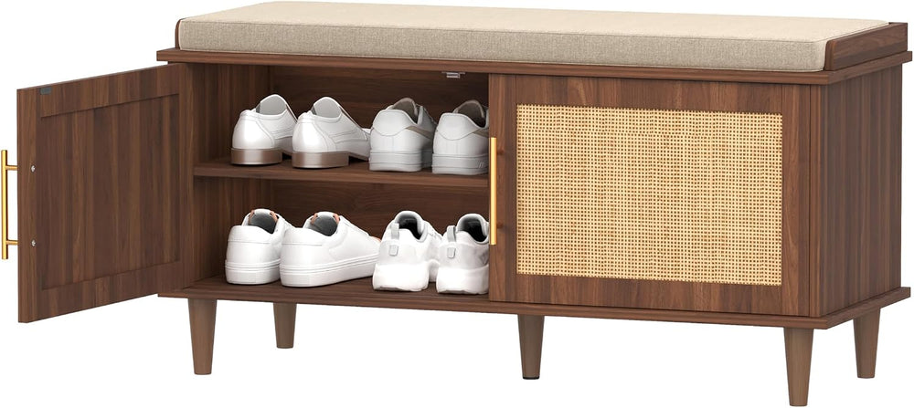 Akxomel 39.4" Rattan Shoe Storage Bench 2 Doors Entryway Bench Walnut