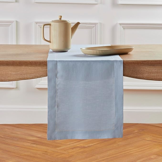 Solino Home Linen Dusty Blue Table Runner 36 Inches - Classic Hemstitch, 100%...
