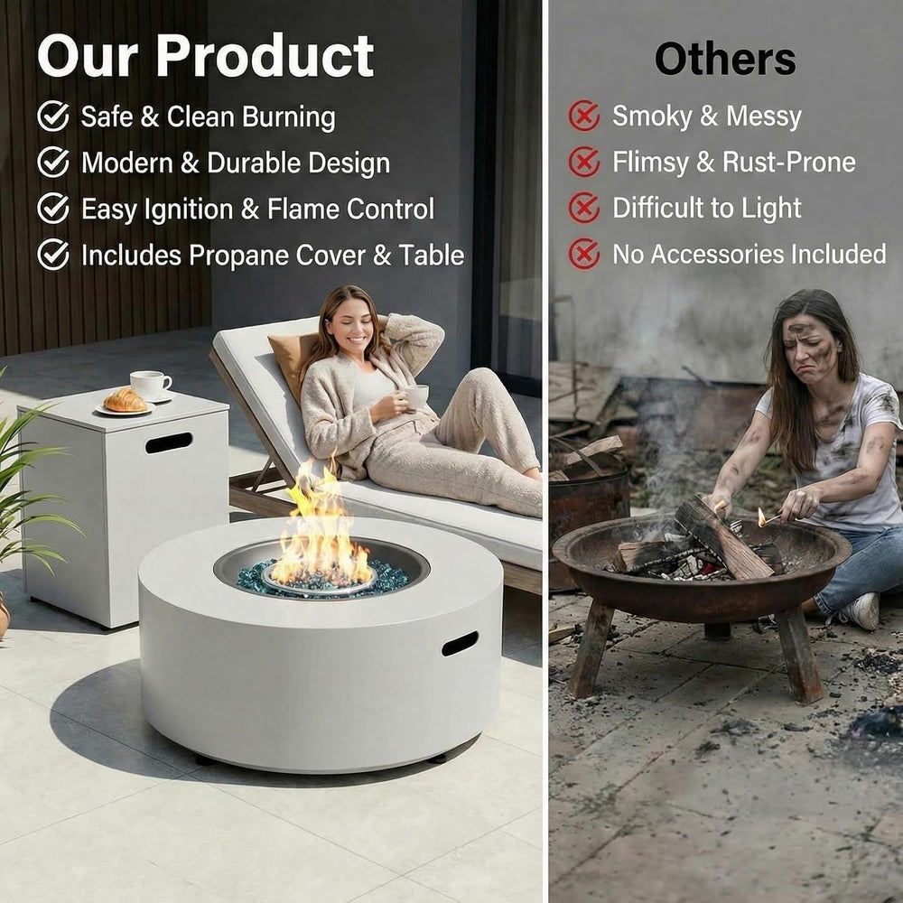 TLGREEN 30-Inch Round Propane Fire Pit Table, 50,000 BTU, Light Gray