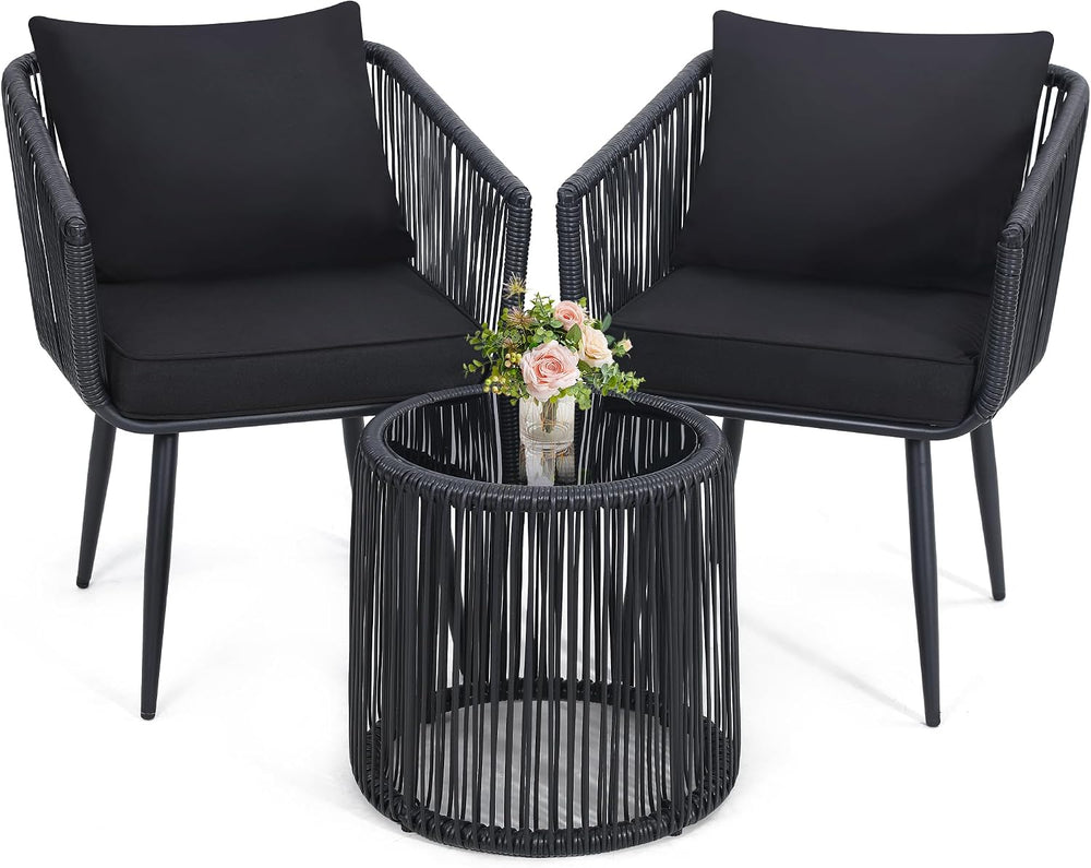 Kromax 3-Piece Patio Rattan Bistro Conversation Set, Black