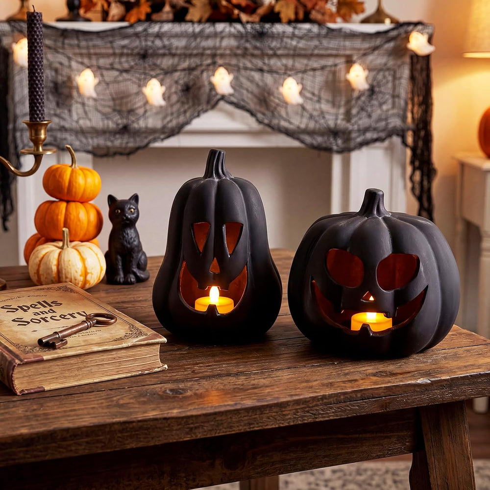 Tioncy Halloween Decor Terracotta Jack O Lantern Pumpkin Decor,Black