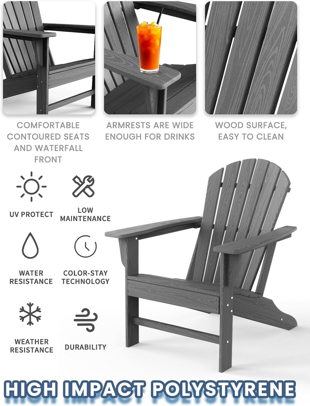 Farmhouse Adirondack Chair Wood Texture, Poly Lumber Patio Chairs, Pre-Assemb...