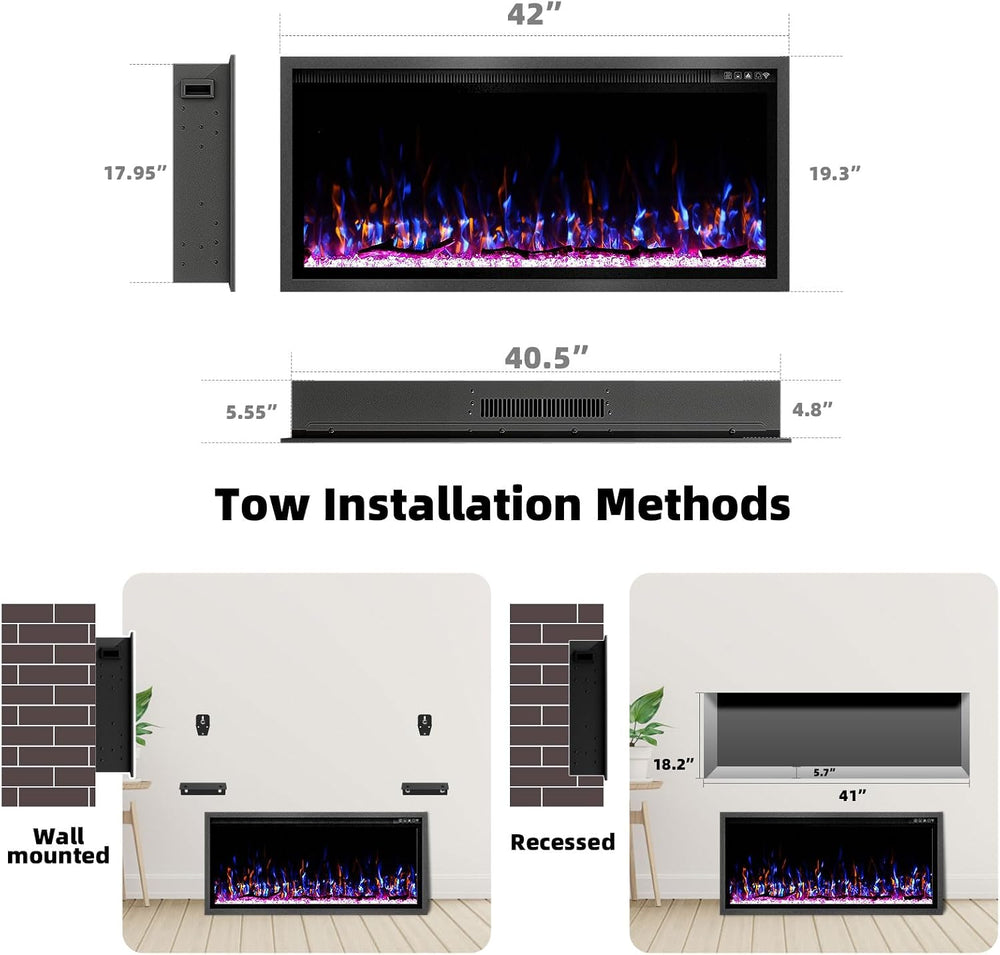 Kucreiheat 42 Inch Electric Fireplace Aluminum Frame-Ultra Silm Fireplace Rec...