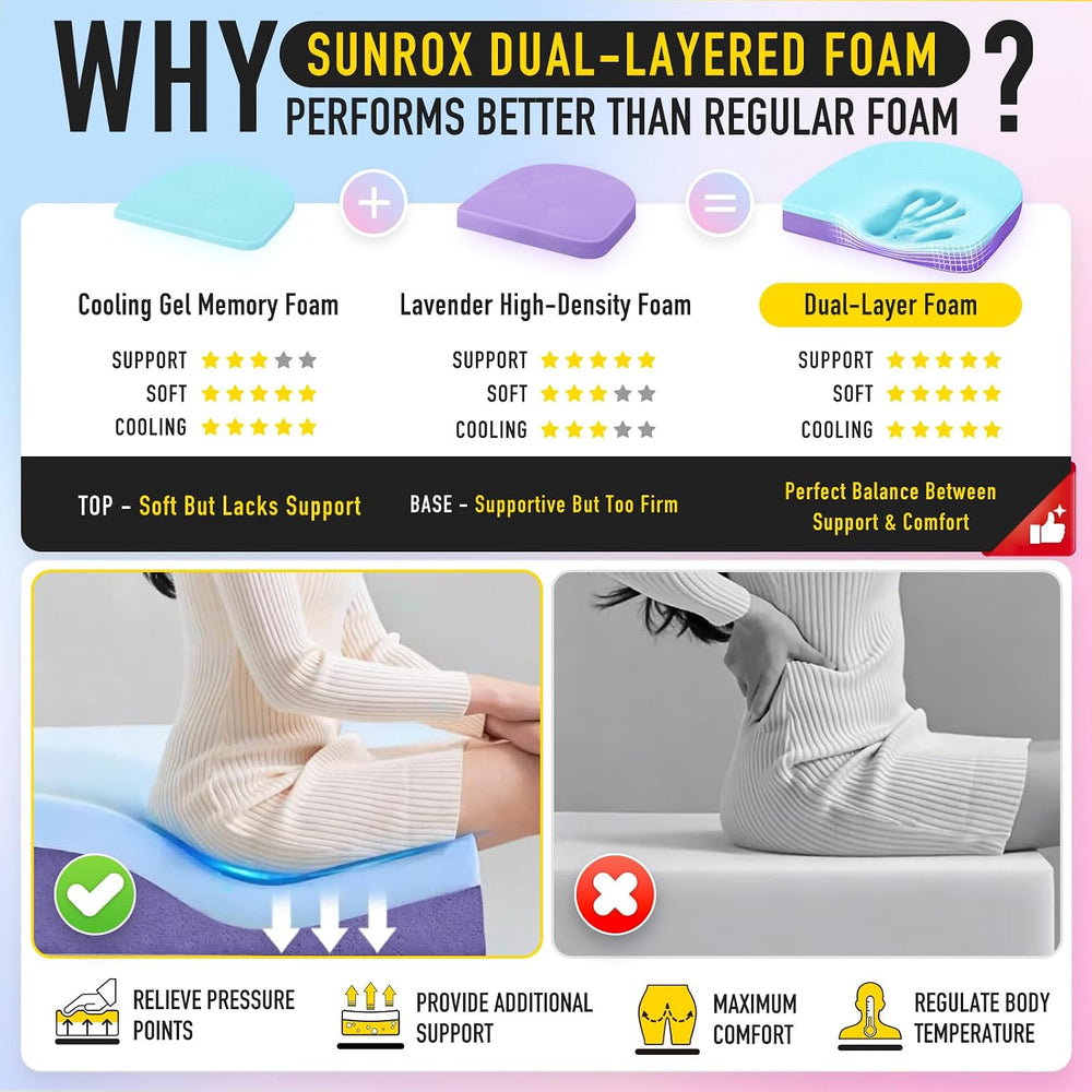 SUNROX Cooling Gel Memory Foam Chair Cushions, 2.6" Thick U-Shaped Dual-...