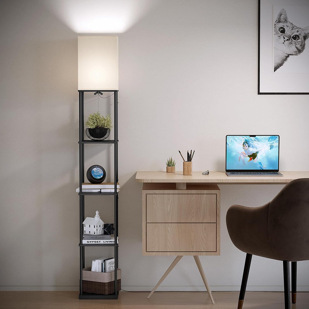 SUNMORY 5 Tier Floor Lamp with Shelves, Modern Square Standing Lamp with 3 Co...