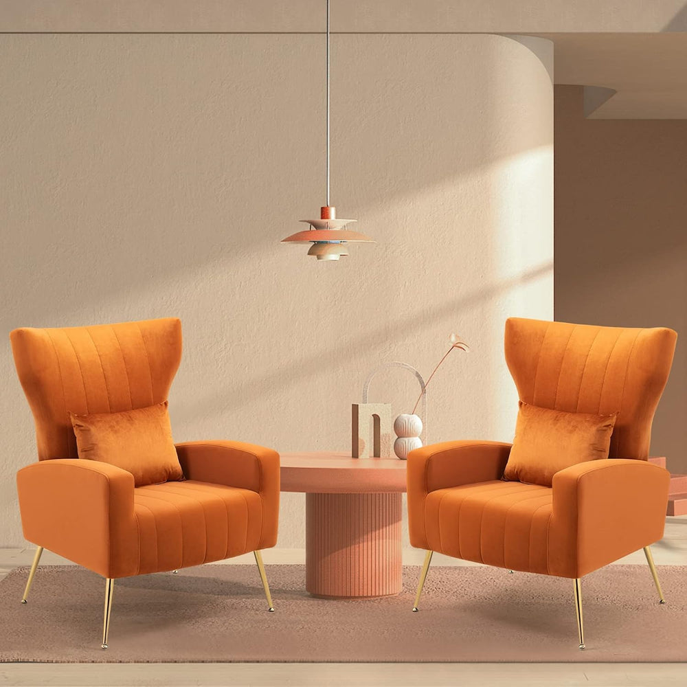 Modern Accent Chairs Set of 2, Wingback Chair with Arm & Gold Legs, Livin...