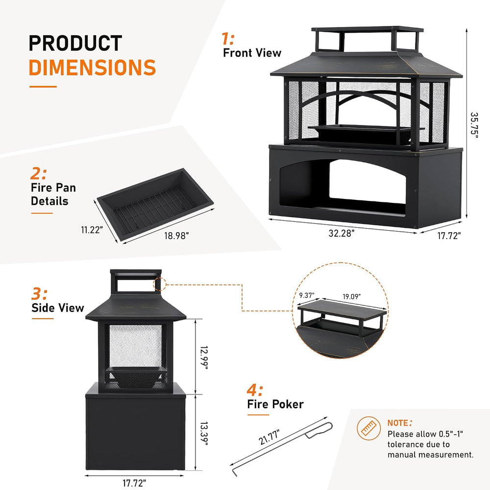 Aoxun 36" Outdoor Fire Pit with Wood Storage, Steel Wood Burning Firepla...