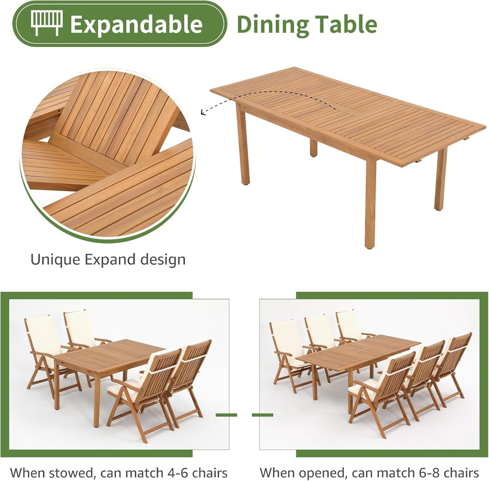 OC Orange-Casual 7 Piece Patio Dining Set, Wood Table and Chairs, Beige