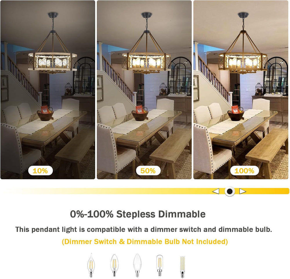21.6” White Farmhouse Chandelier, 6-Light Wood Grain Finish Chandelier