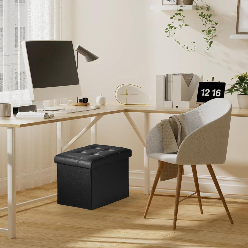 Bsketa Storage Ottoman Bench, 17" Folding Leather Foot Rest,Black 2 Pack