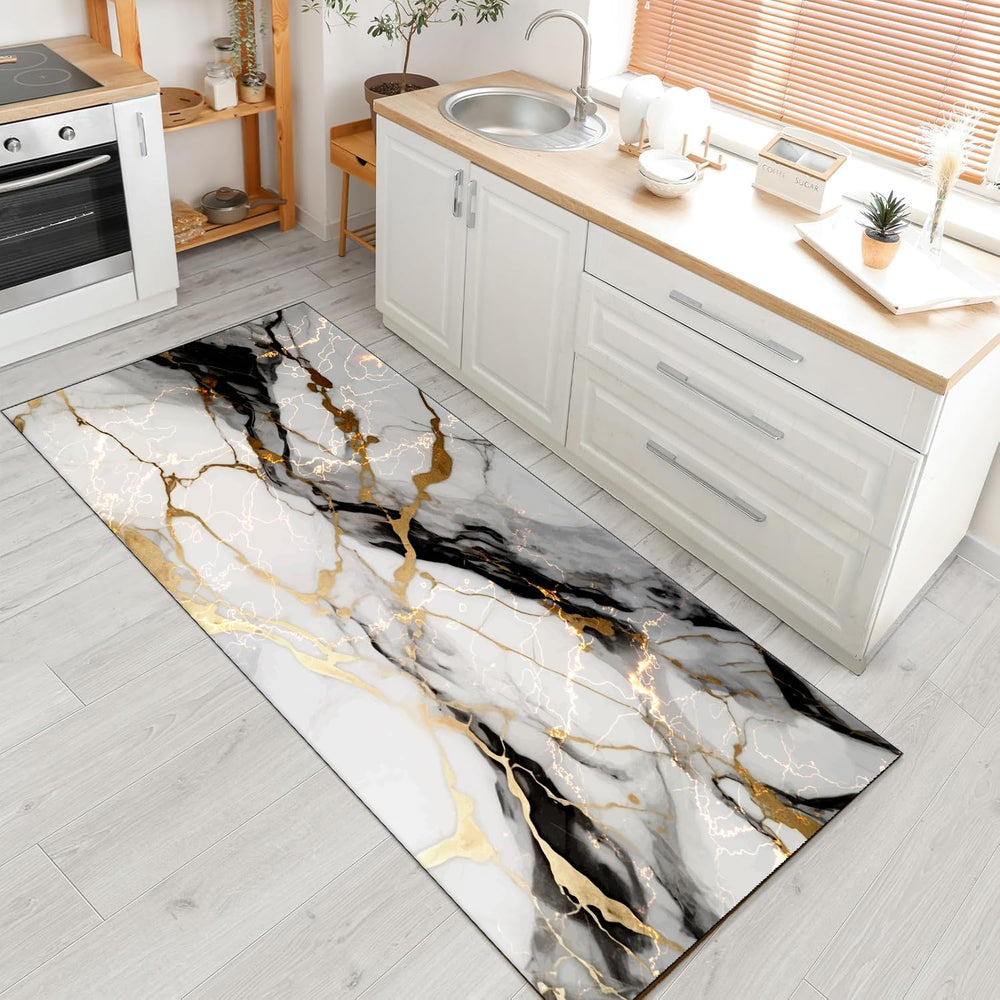 White Marble Runner Rug,2x6ft, Black Gray Gold Texture Design Long Kitchen Ma...