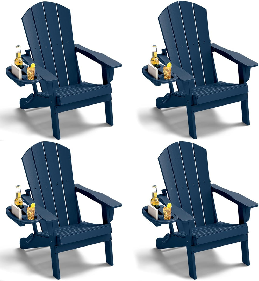 NAVINE Folding Adirondack Chairs Set of 4 with 4-in-1 Cup Holder, Navy Blue