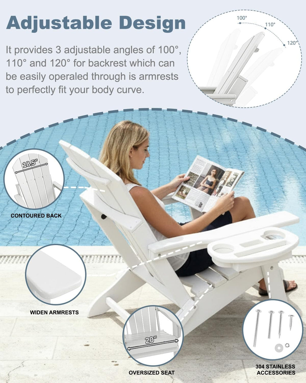 NAVINE Adjustable Adirondack Chairs Set of 4 with Cup Holders, White