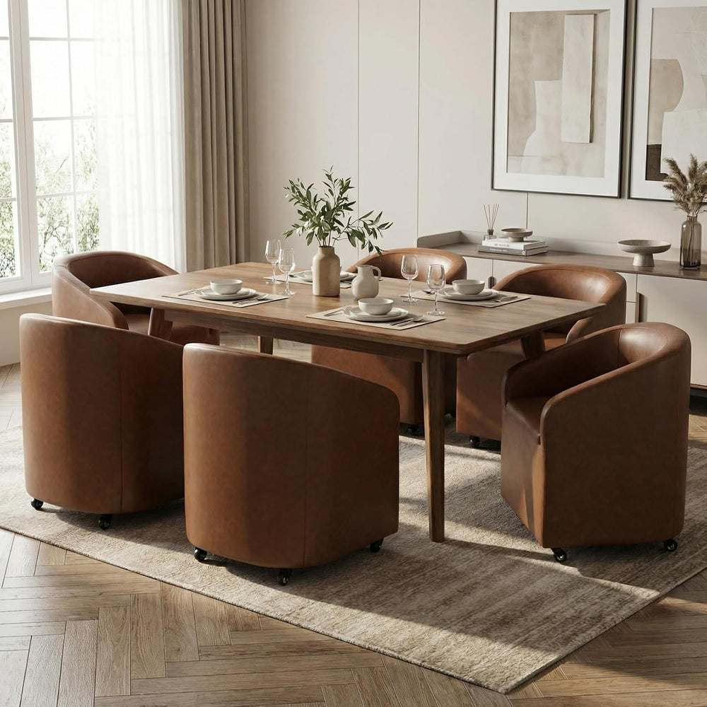 CIMOTA Brown PU Leather Barrel Dining Chairs with Wheels, Set of 6 — Modern U...