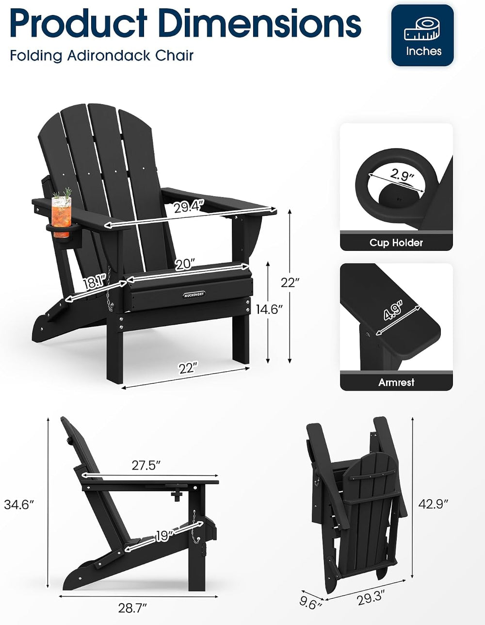MUCHENGHY Folding Adirondack Chairs Patio Chairs Outdoor Adirondack Chair Wea...