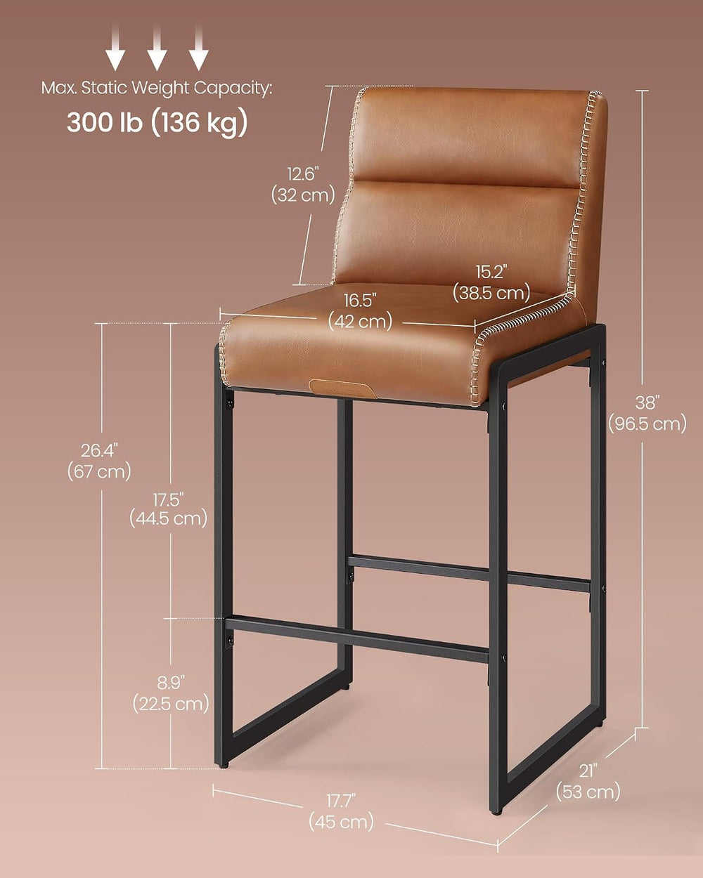 VASAGLE Bar Stools Set of 2, Counter Height Chairs with Backs, 26.4-Inch
