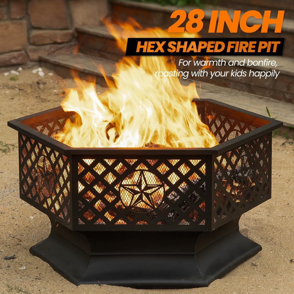 Panovue Outdoor 28 Inch Hex-Shaped Fire Pit with Spark Screen Black