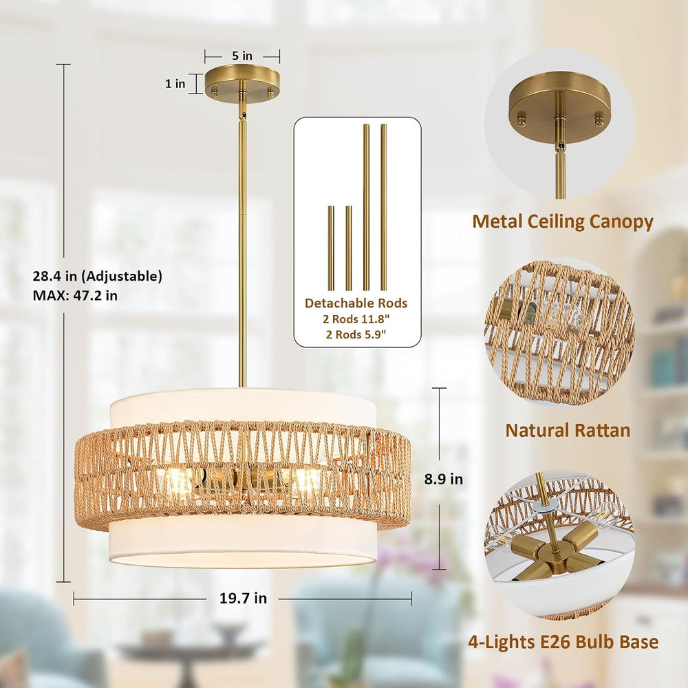 19.7" Rattan Chandelier for Dining Room, 4-Light Boho Pendant Hanging Light