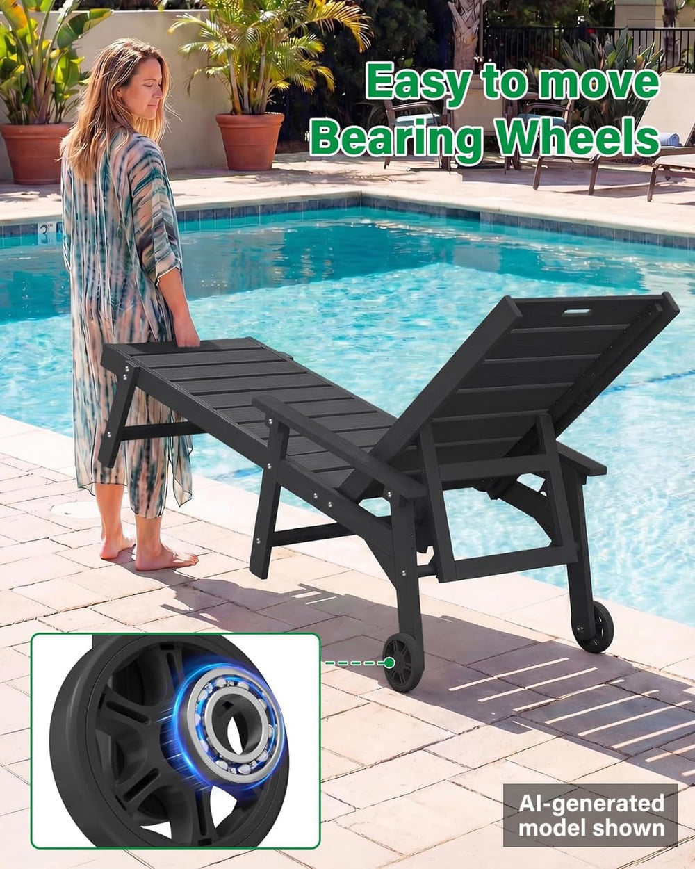 YEFU Lounge Chair Outdoor Set of 2, HIPS Chaise Lounge Outdoor, Black