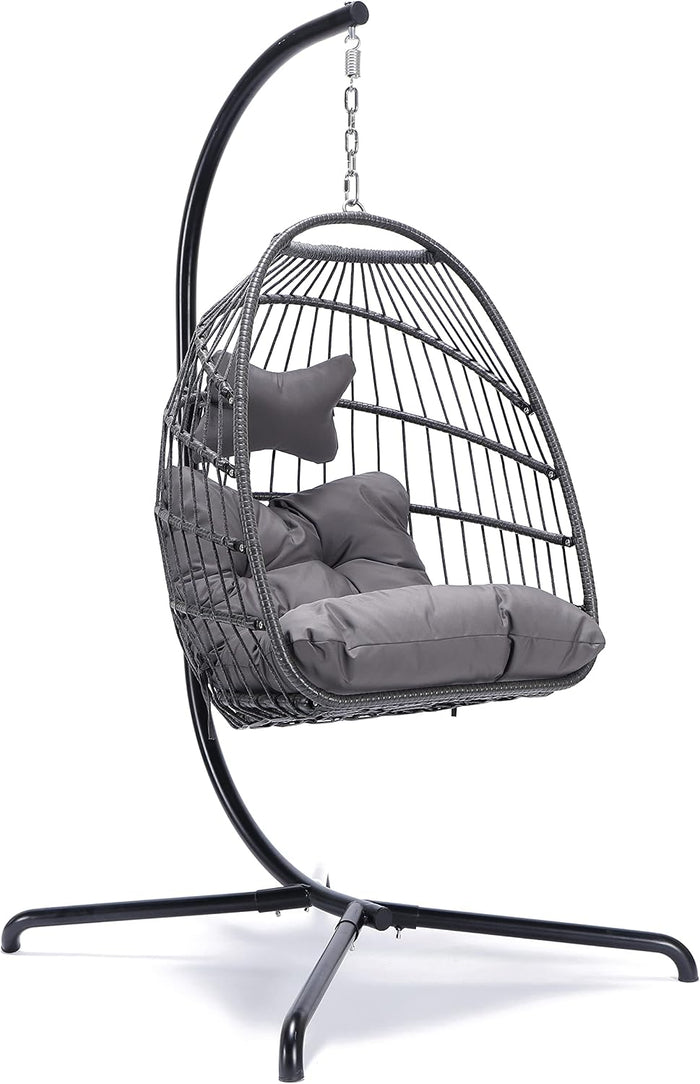 NICESOUL Swing Egg Chair with Stand Indoor Outdoor, Comfortable All Weather Wicker Patio Hanging Egg Shaped Chair with Cushions, 350lbs Capacity Hammock Chairs for Porch Balcony Bedroom, Dark Gray