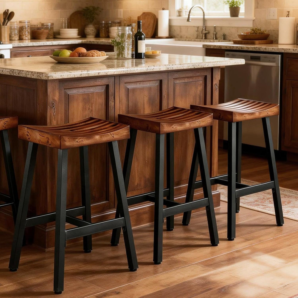 OUllUO Bar Stools Set of 3, Backless Saddle Barstools, 25" Counter Heigh...