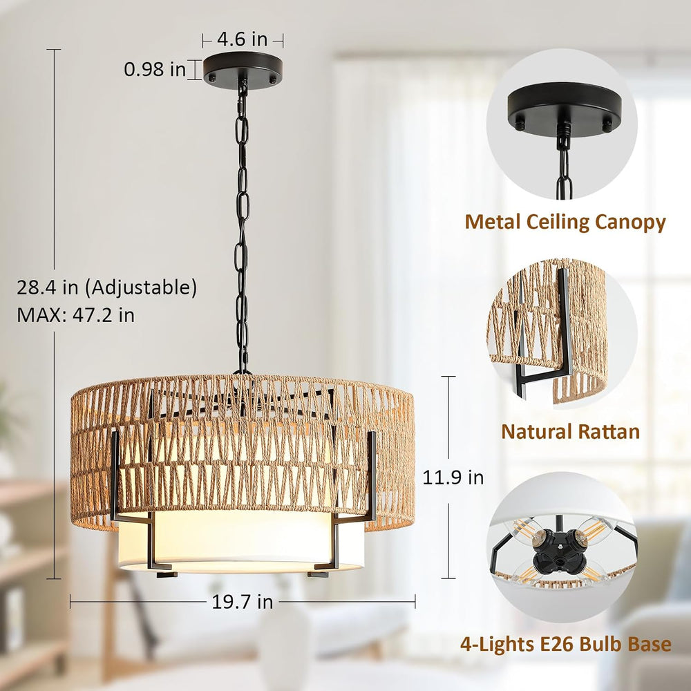 4-Light Boho Chandelier for Dining Room, 19.7" Rattan Pendant Light