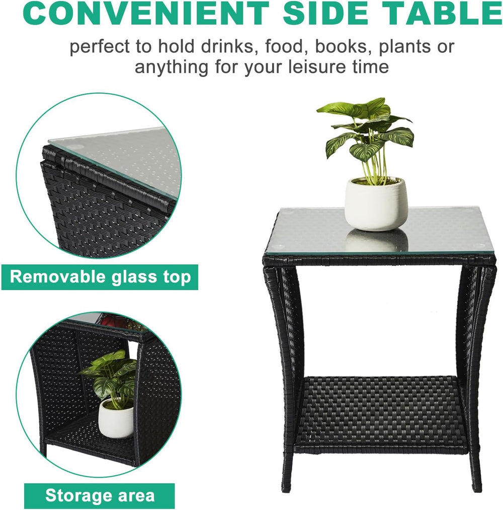 VINGLI Outdoor Wicker Side Table Patio Side Tables for Outside, Tempered Glas...