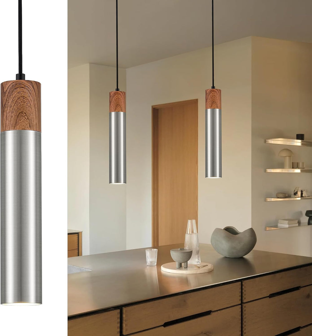 ELYONA Modern Pendant Light for Kitchen Island, Brown Wood Grain & Brushe...