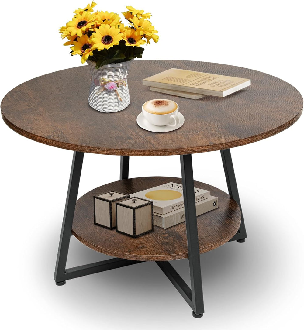 Round Coffee Table, 2-Tier Circle Coffee Table with Storage, Modern Wood Roun...