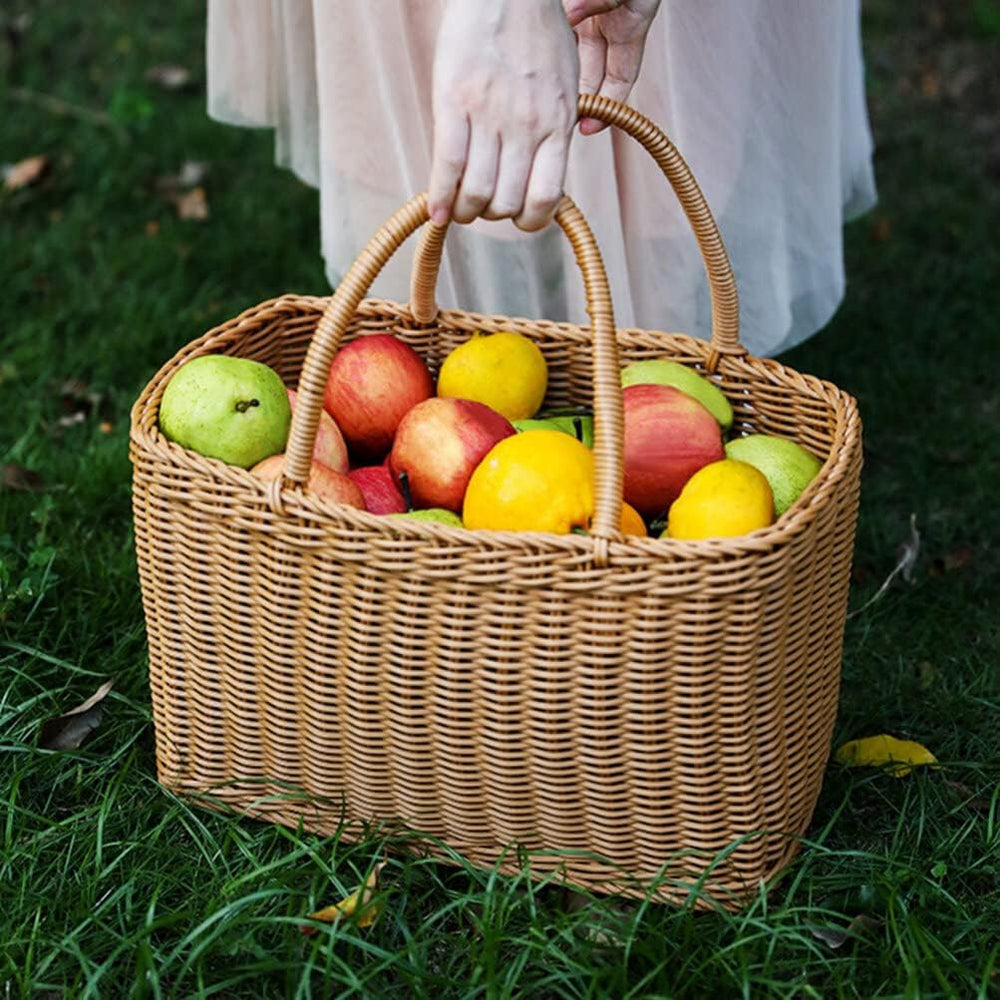 VOSAREA Wicker Picnic Basket Woven Natural Household Basket with Lid Hand Wov...