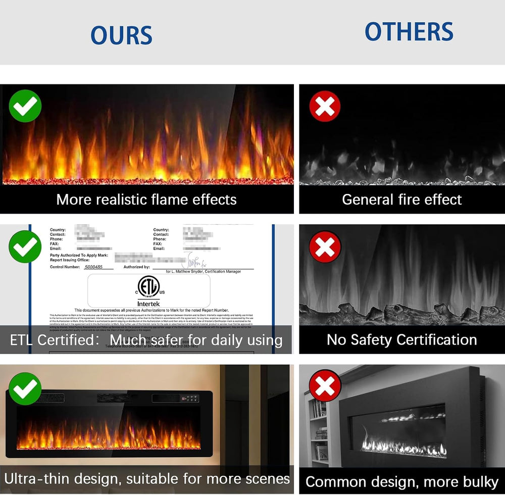 60 inch Ultra-Thin Silence Linear Electric Fireplace, Recessed Wall Mounted