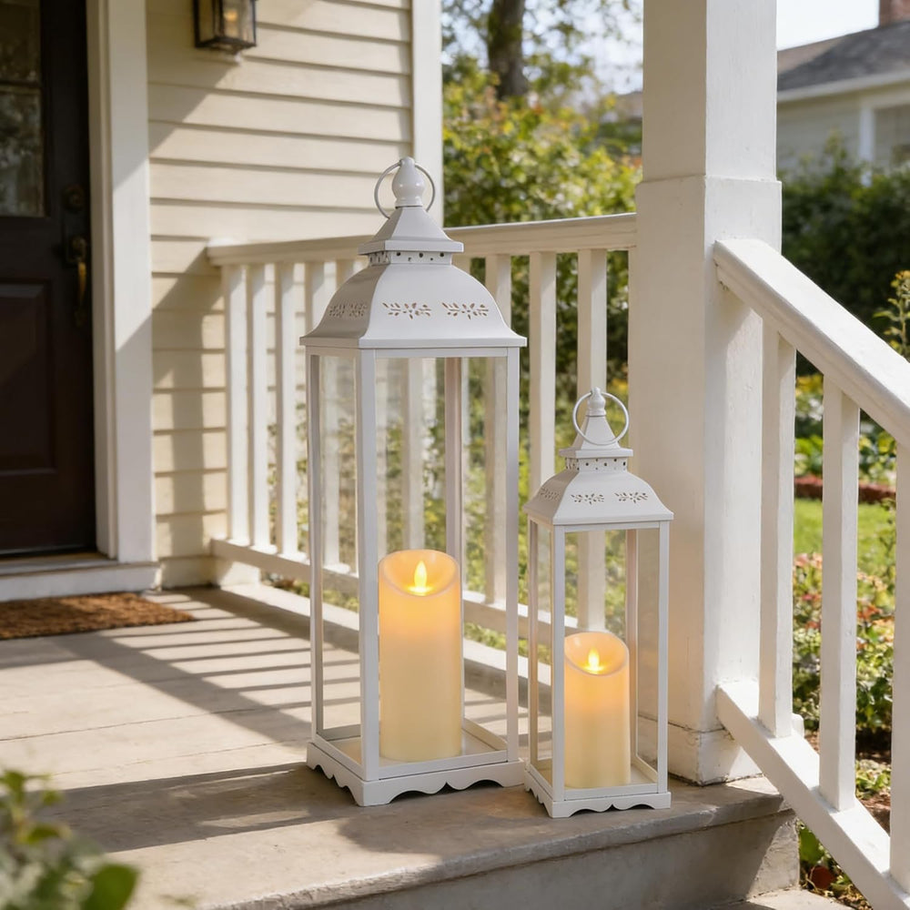 Decorative Candle Lanterns, Large 2Pcs, White Metal for Indoor & Outdoor
