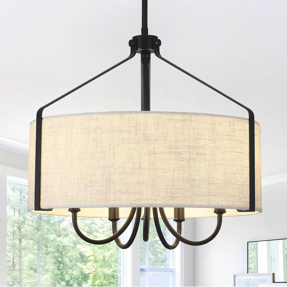 Farmhouse Chandelier for Dining Room, 5-Light Drum Chandelier with Black Meta...
