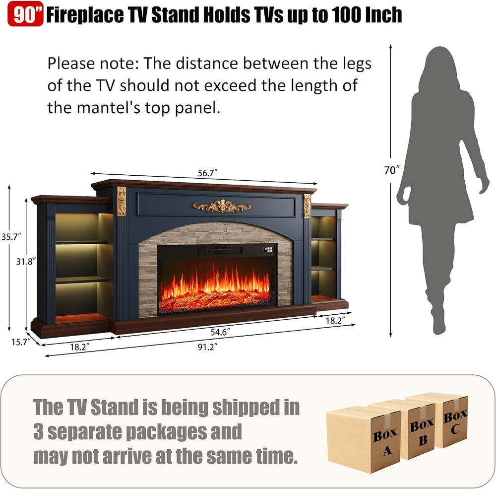 90inch Fireplace TV Stand, Fireplace with Mantel Holds TVs up to 100 Inch, Bl...