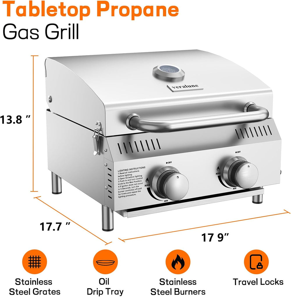 Veralune 2-Burner Tabletop Gas Grill, 22,000 BTU Stainless Steel Grill