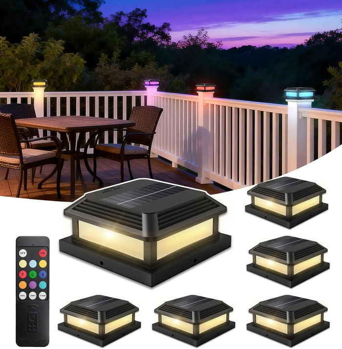 Solar Post Cap Lights Outdoor with Remote 6 Pack, Waterproof RGB Color Changing, Fit 4x4 5x5 Wood/Vinyl Posts, Black Fence Post Solar Lights with 12 Color Modes for Deck Patio Garden Decoration