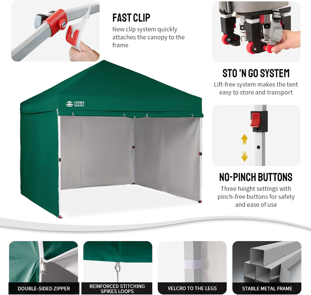 CROWN SHADES 10X10 Commercial Pop Up Canopy Tent with Sidewalls, Green
