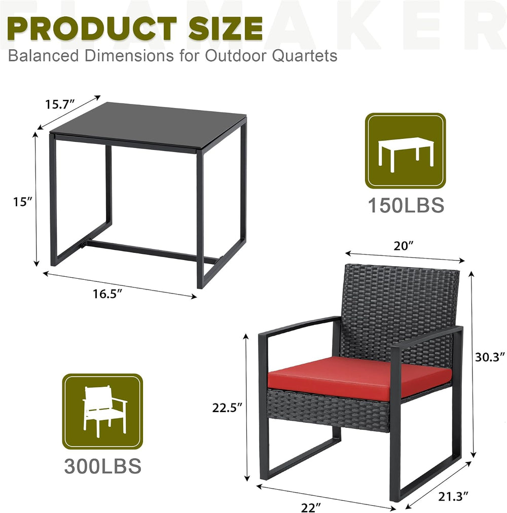 Flamaker 3 Pieces Patio Furniture Set Outdoor Wicker Bistro Chair (Red)