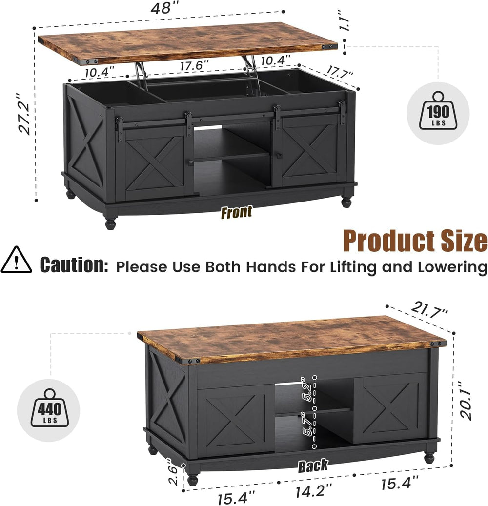 ALLSTAND 48" Farmhouse Lift Top Coffee Table with Storage Sliding Barn D...