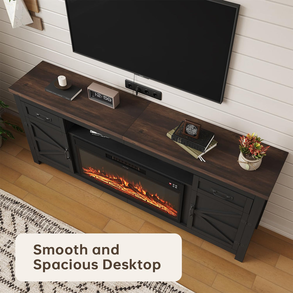 Fireplace TV Stand with Barn Door, 80 inch,Modern Black