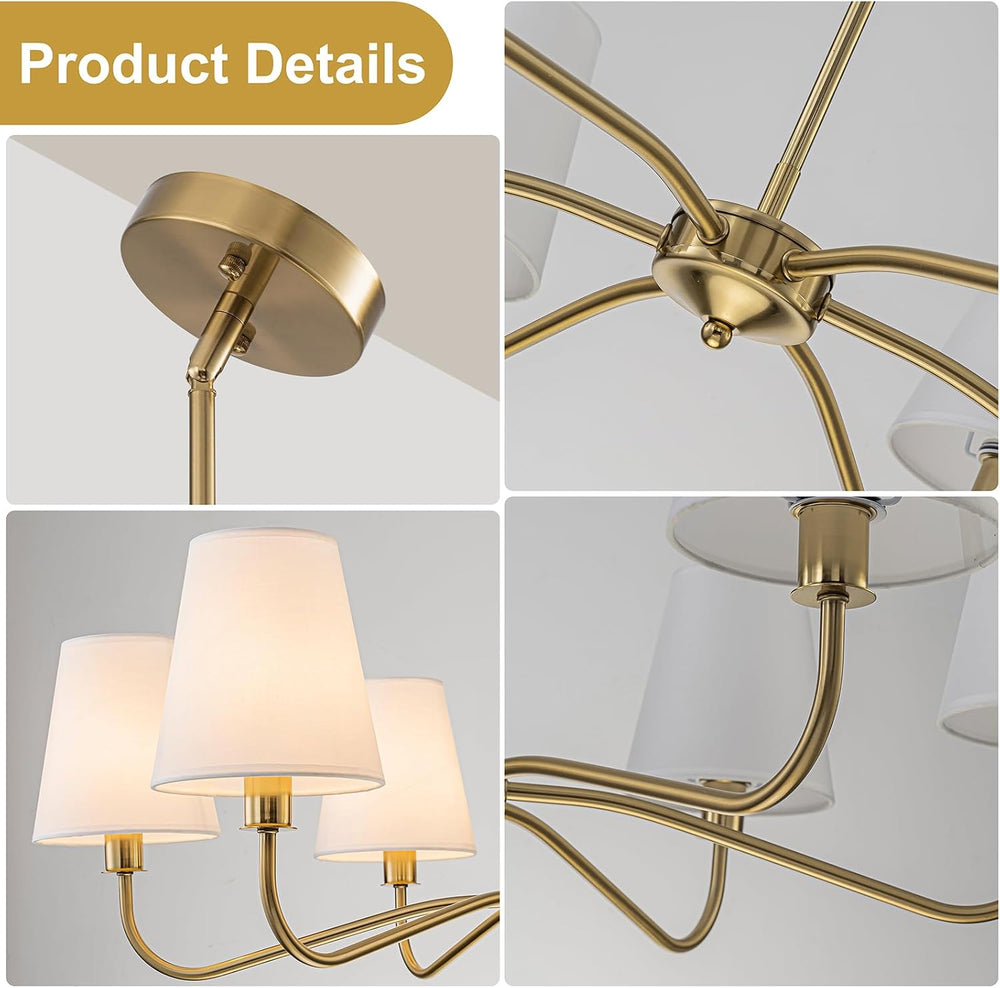 Brass Gold Chandeliers for Dining Room 6 Light Chandelier with Fabric Shade