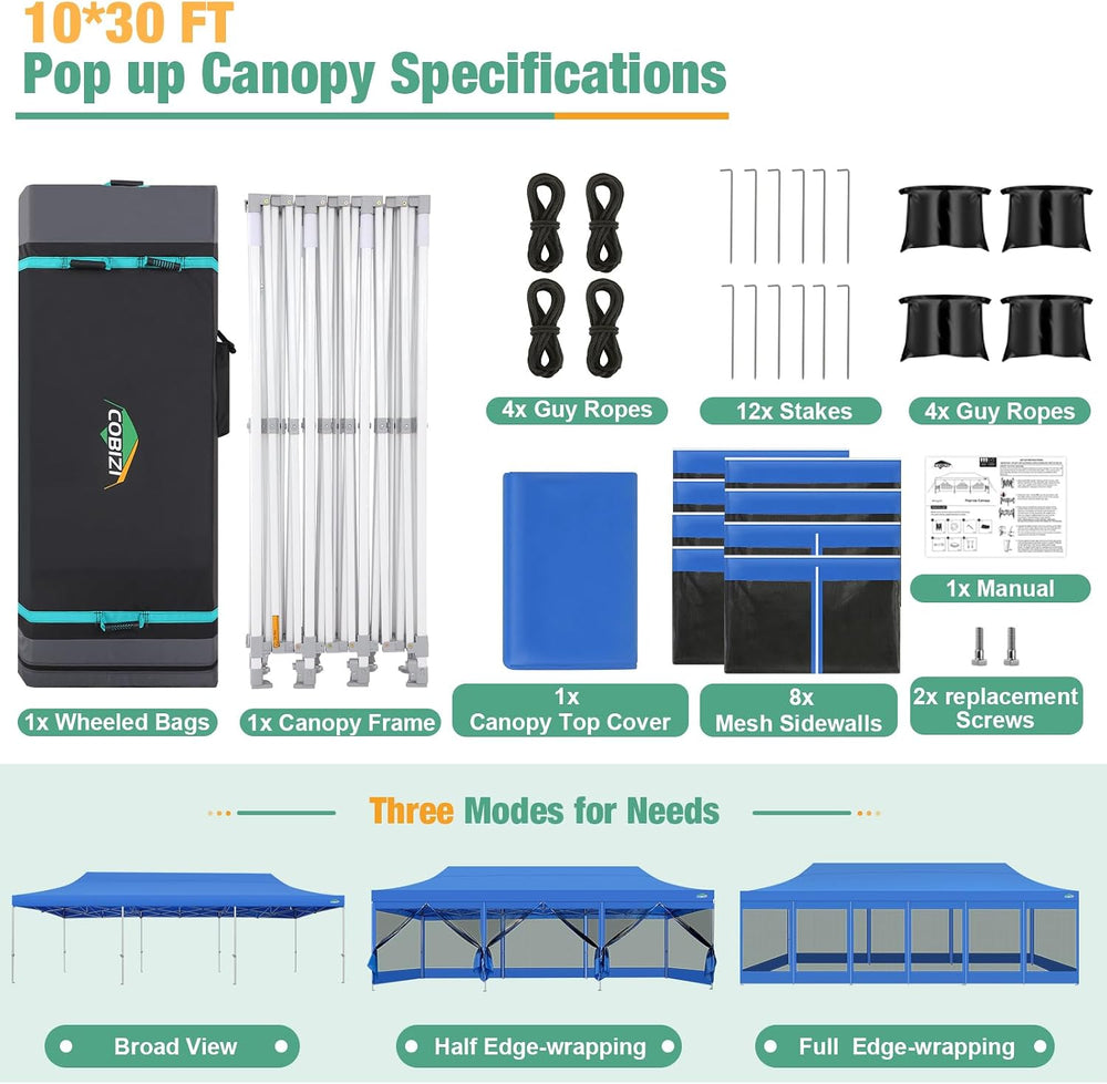 COBIZI 10x30 Heavy Duty Pop Up Canopy Tent, Removable Mesh Sidewalls