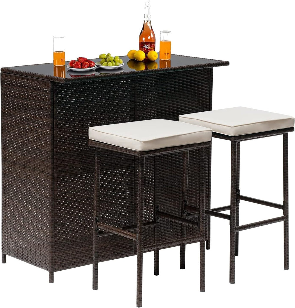 Wicker Patio Furniture 3 Piece Patio Bar Table Set Chairs Wicker Outdoor Ratt...