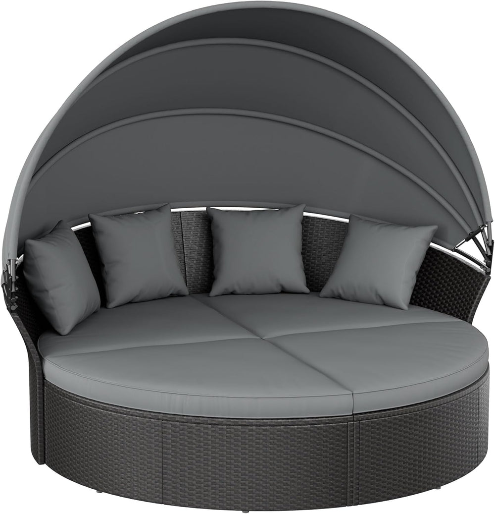 Patio Round Daybed with Canopy, Outdoor Wicker Rattan Sectional Sofa Set with...
