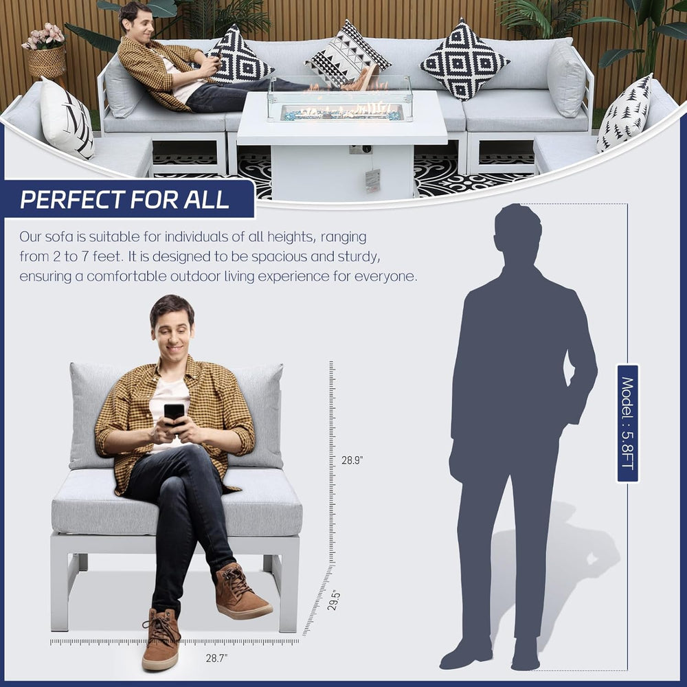 BULEXYARD 7 Piece Aluminum Patio Furniture Set with Fire Pit Table, White